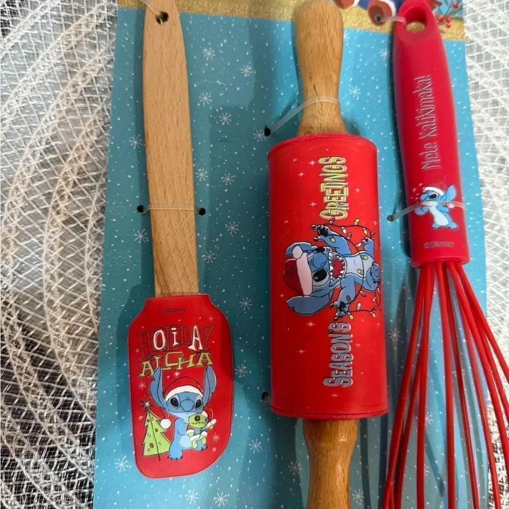 Disney Stitch Christmas Baking Set Spatula, Rolling Pin, Whisk Set of 3 NWT